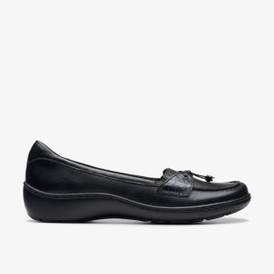 Clarks Cora Haley Black Leather Kadın Makosen Ayakkabı Siyah | 12596GJSA