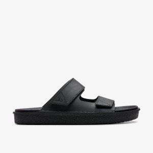 Clarks Litton Strap Black Leather Erkek Sandalet Siyah | 29846QOLM