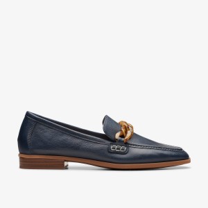 Clarks Sarafyna Iris Navy Leather Kadın Makosen Ayakkabı Lacivert | 45076ELCQ