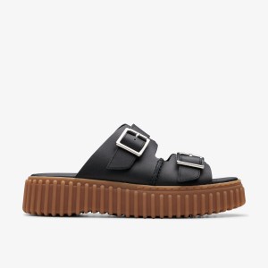 Clarks Torhill Slide Black Leather Kadın Platform Ayakkabı Siyah | 59286IEGF