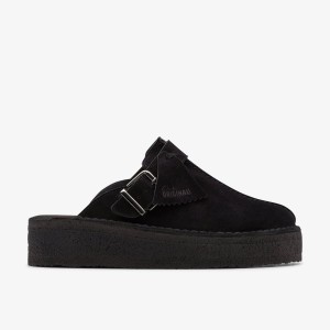 Clarks Trek Wedge Mule Black Suede Kadın Clog Terlik Siyah | 75209NXEQ